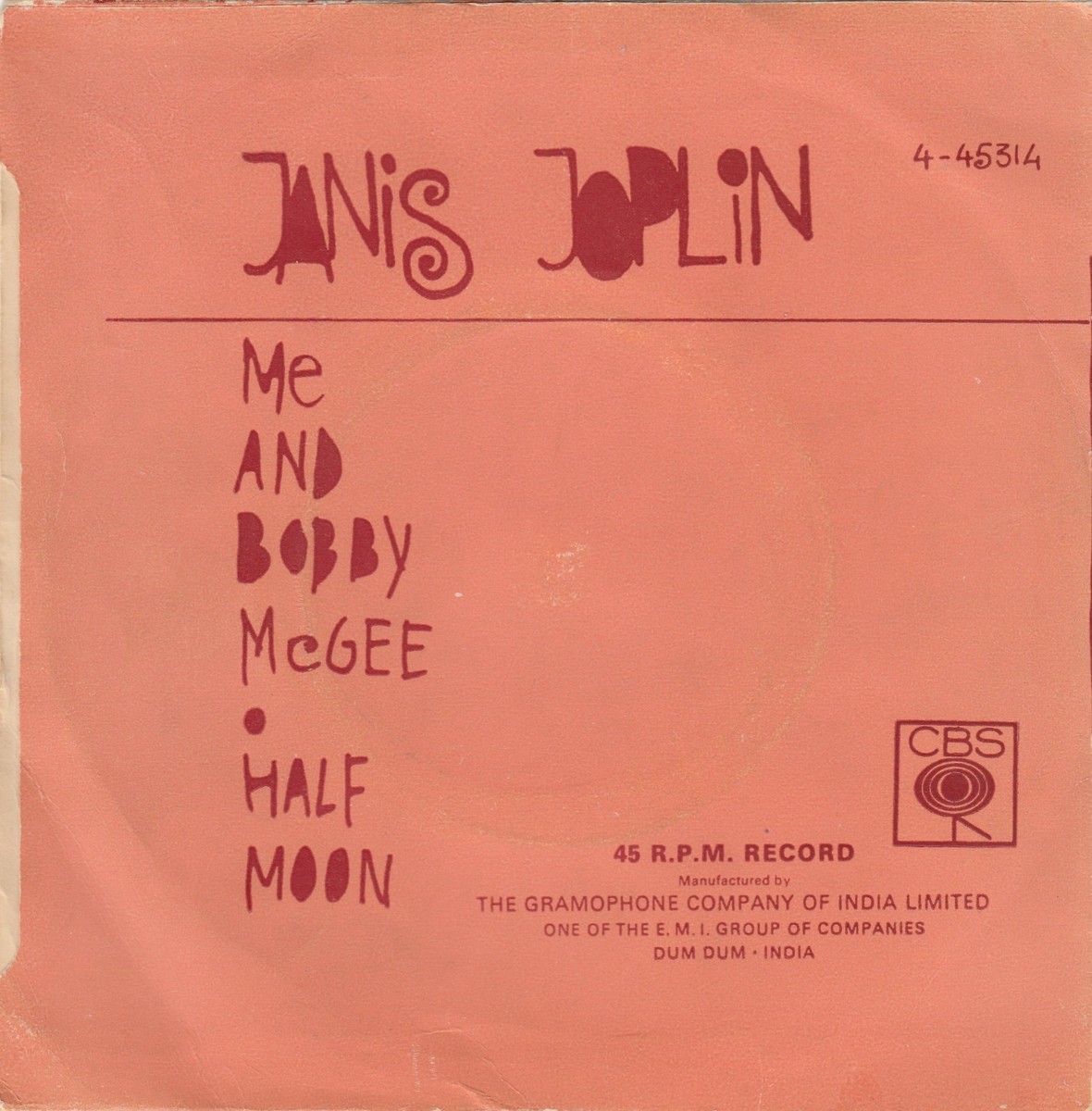 JANIS JOPLIN ME AND BOBBY MCGEE HALF MOON 1971 RECORD INDIA