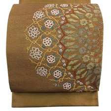 Kansai Fukuro Obi Excellent Silk Golden Flowers Silver Thread 458cm Brown