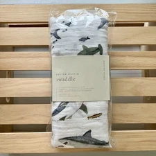 NIB Little Unicorn Shark Cotton Muslin Swaddle Blanket 47"x 47"