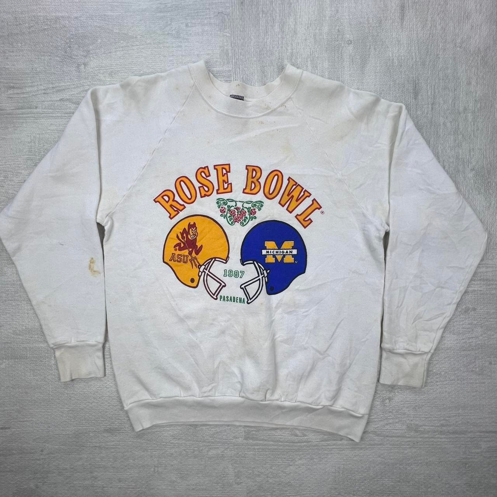 Vintage 80s 1987 Michigan Wolverines Rose Bowl Sweatshirt Size: L White NCAA
