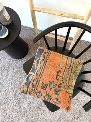 Vintage Turkish Rug Pillow 16x16 , Wool Cushion Cover, Orange Boho Decor