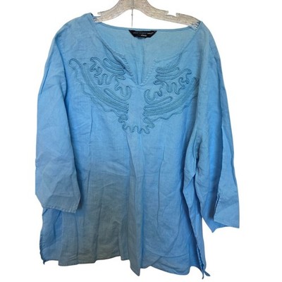 Saint Tropez West Woman Light Blue Linen Soutache Embroidered Tunic Top 3XL