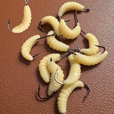 12pc Fishing Maggots Bait Set Realistic Grubs w/ Sharp Hooks Trout Crappie Blueg