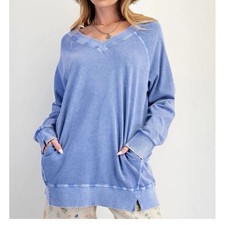 New Easel Mineral Washed V Neck Pullover Sweatshirt Periblue Oversize Fit Medium