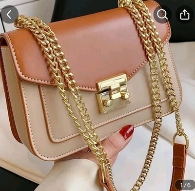 Mini Turnlock Square Shoulder Bag with Golden Chain Strap - Elegant, Beige &...