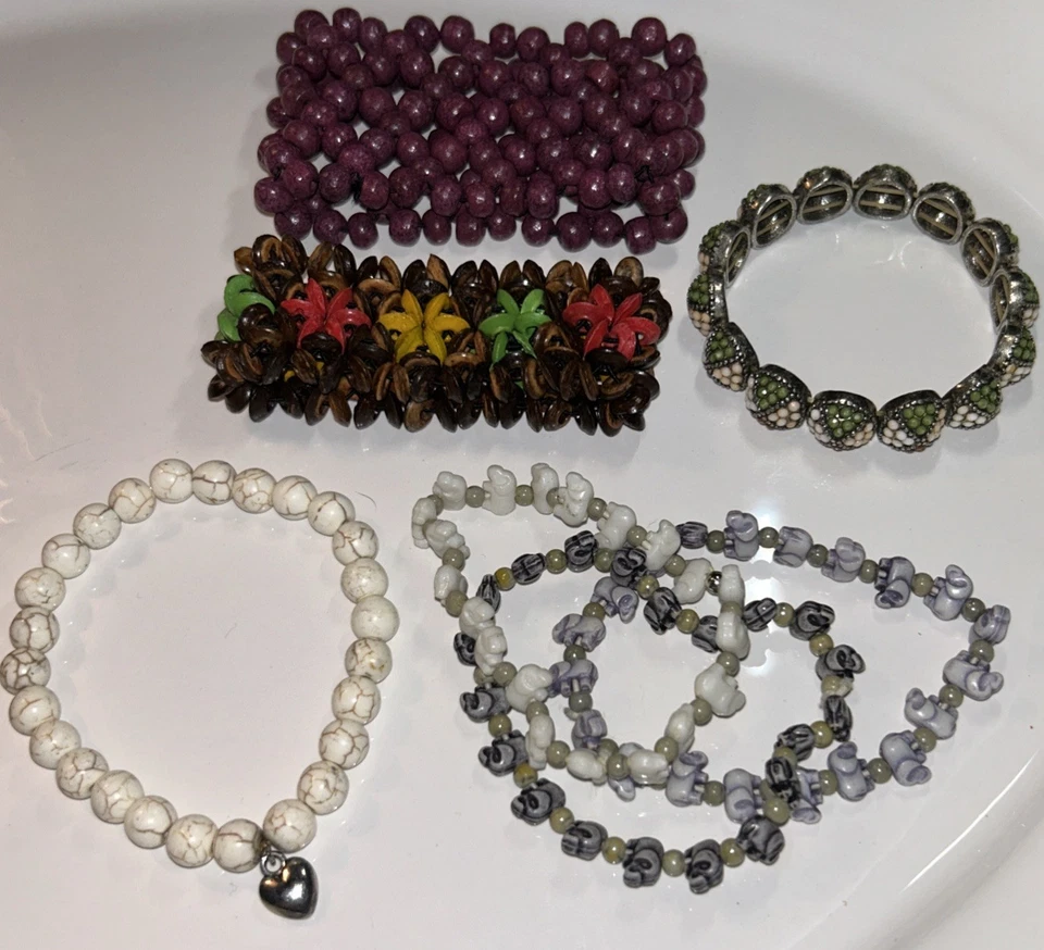 Lote 7 Pulseras Boho Cuentas Madera, Vidrio, Piedra Howlita, Dije, Mosaico, Elefante Foto 4 de 4