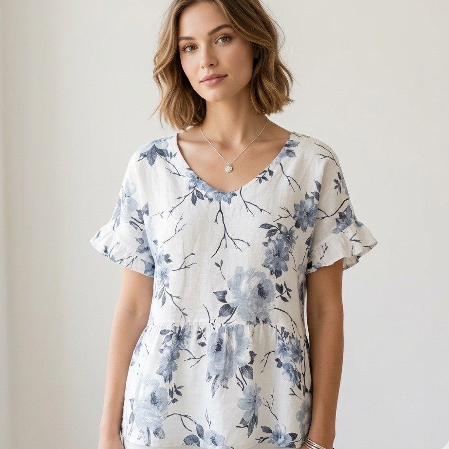 Lungo L'arno Peplum Top Womens M White Blue Floral 100% Linen Ruffle Italy