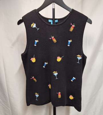 Alexandra Bartlett Black Cotton Knit Embroidered Martini Cocktail Women's Top L