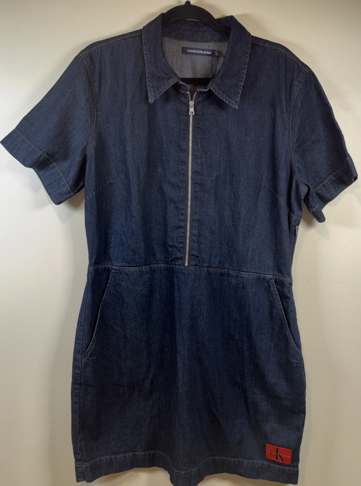 Denim Dress Womens Xl Blue Zip Front Collared Nwt Logo Patch