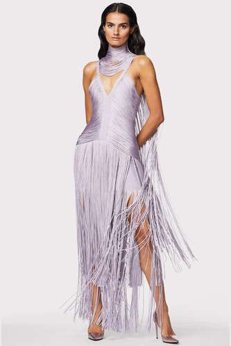 $3041 - HERVE LEGER Women's Draped Fringe Choker Maxi Dress - Lilac Purple - M