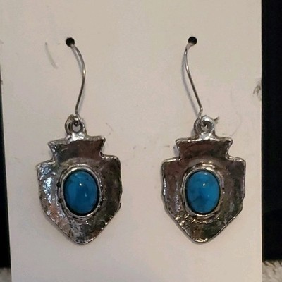 Native American Style Dangle Earrings Silver Tone Turquoise Oval Shield