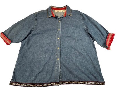 VTG Victoria Jones Womens 2X Embroidered Aztec 3/4 Button Up Denim Shirt Boxy