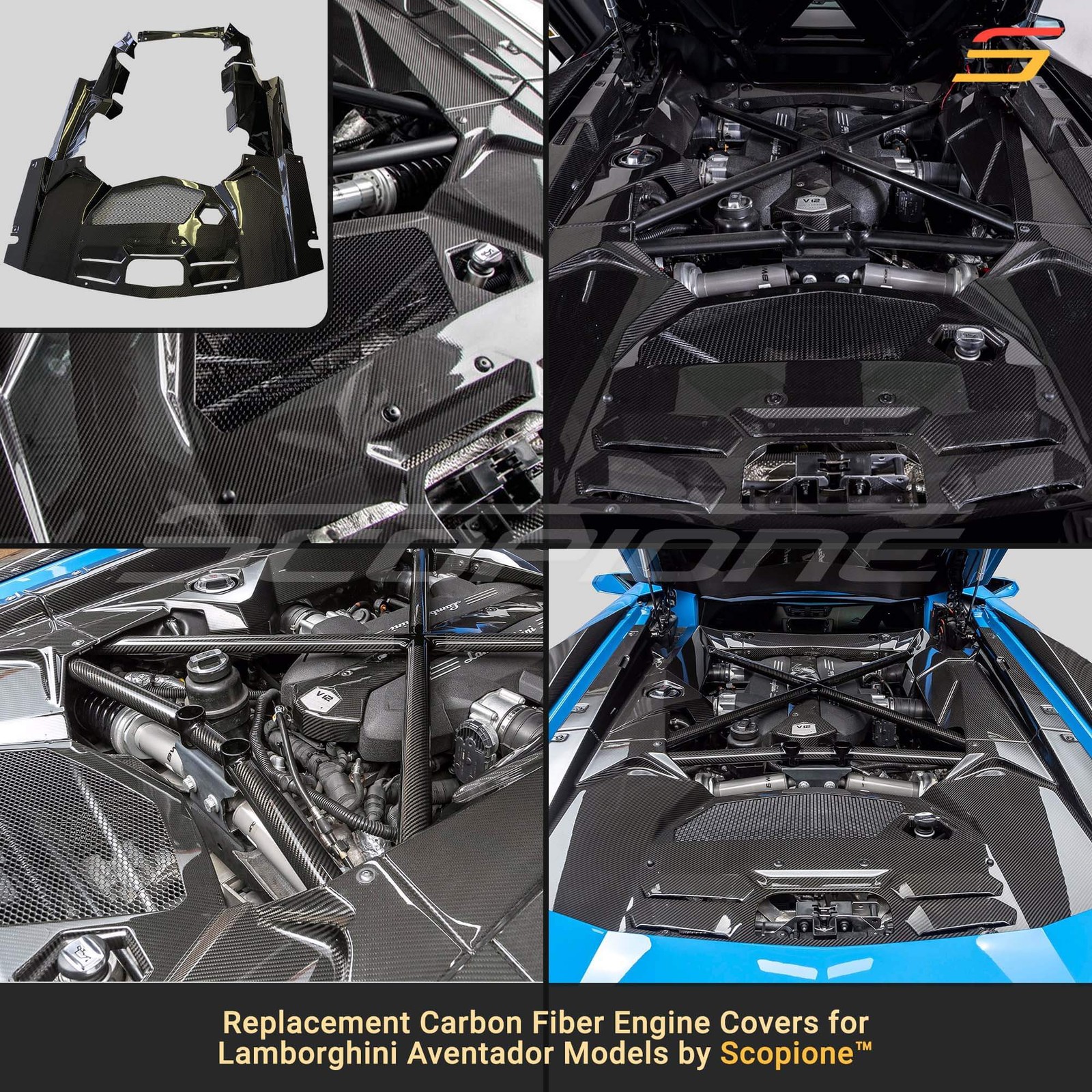 Scopione Carbon Fiber Engine Bay Covers Trim Kit for Lamborghini Aventador Coupe