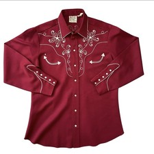 Vintage 70s men  s H BAR C Rockabilly Western Red  White Pearl Snap Shirt 16 1/2