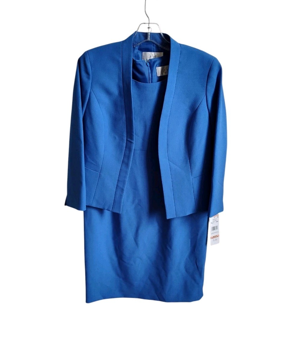 Le Suit Dress Suit Open Front Jacket & Sheath Dress Suit Size 2P Cornflower Blue