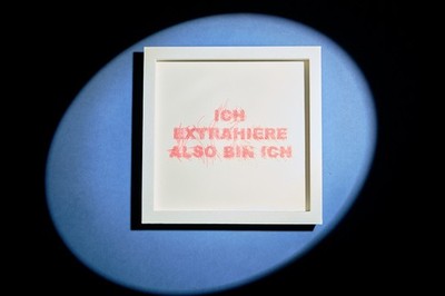 ICH EXTRAHIERE ALSO BIN ICH   mit Stift gezeichnetes Wandbild im Rahmen