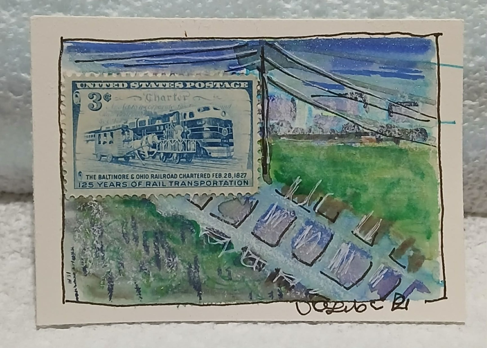 Postal Whimsy OOAK ACEO 3c Rail Transportation Abandoned Tracks Watercolor