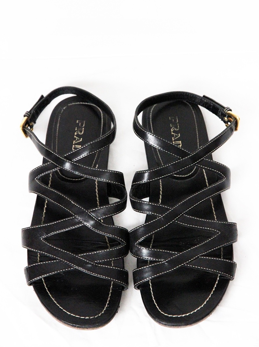 PRADA Black Leather Strap Strappy Flats Sandals – Size 37 US 7