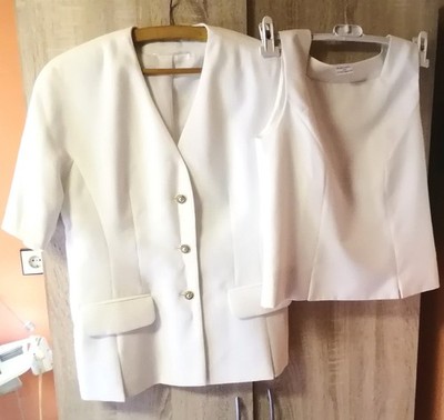 White, elegant ladies 2 piece set blouse + short sleeve blazer size 36 by Sergio Cassani