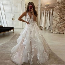 A-Line V-Neck Boho Wedding Dress Puffy Tulle Lace Appliques Backless Bridal Gown