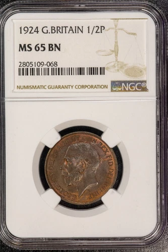 Great Britain George V 1924 Bronze 1/2 Penny NGC MS65 BN KM# 809