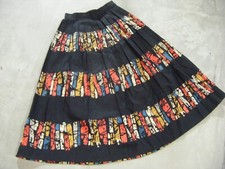 Vtg 50s Color Block Printed Black Pleated Half Circle Cotton Skirt-Waist 24"