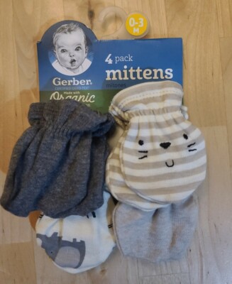 Gerber Baby Boy 4-Pack Organic Oatmeal Lion Mittens Size 0-3 M