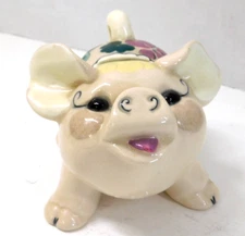 Kay Finch Piggy Bank California Pottery Green Blue Red Flowers Happy Pig VTG