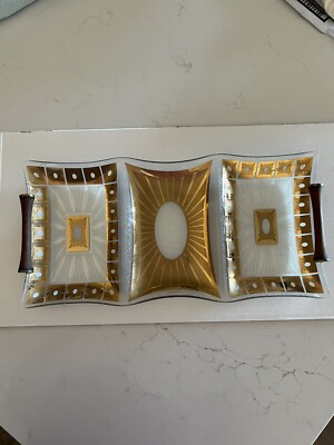 FRED PRESS Three Section Glass Serving Tray Wood Handles W/brass ends