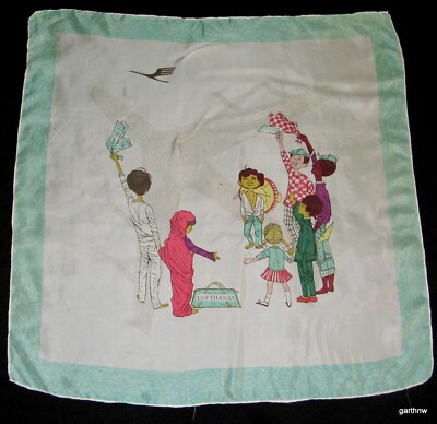 LUFTHANSA AIRLINES VINTAGE 1960s SOUVENIR SILK SCARF JET & INTL CHILDREN ART