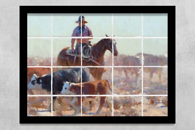 ready to hang ceramic tile mural backsplash. cowboys cows trail drive western