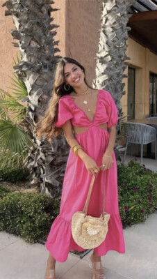 ZARA PINK FUCHSIA PUFF SLEEVES LONG POPLIN DRESS WITH CUT OUT DETAIL SIZE L  BNWT | eBay