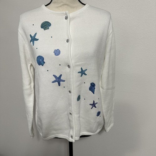 Tia Designs Beach Theme Seashells Sweater Cardigan White Small
