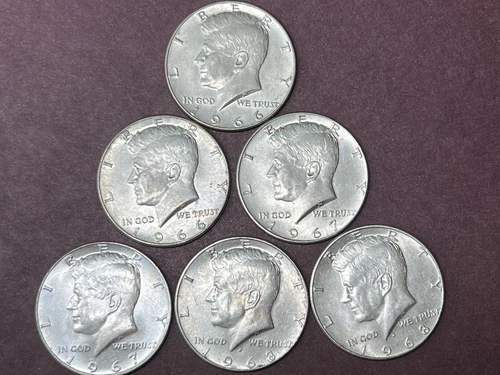 (6) Kennedy Half Dollars, 1966 P, 1967 P, 1968 D, 2 of each, AU, 40% silver