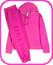 Victoria's Secret Pink Full Zip Hoodie Classic Pants Set Pink Berry Logo M NWT