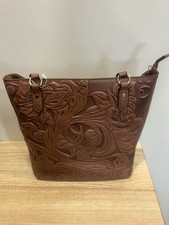 Embossed Floral Shoulder Bag Brown Tooled Zip Lined Side Pocket