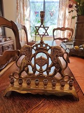 Vintage Heavy Cast Brass Menorah 2 Lions of Judah Crown Hanukkah Judaica