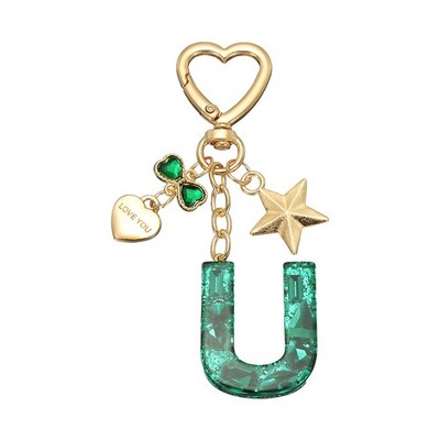 Cute Initial Letter Keychain, Letter U Keychains for Women Girls Bling Green