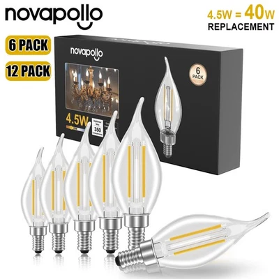 NOVAPOLLO 6/12Pack Dimmable E12 4.5W LED Candle Light Vintage Chandelier Candelabra Bulb