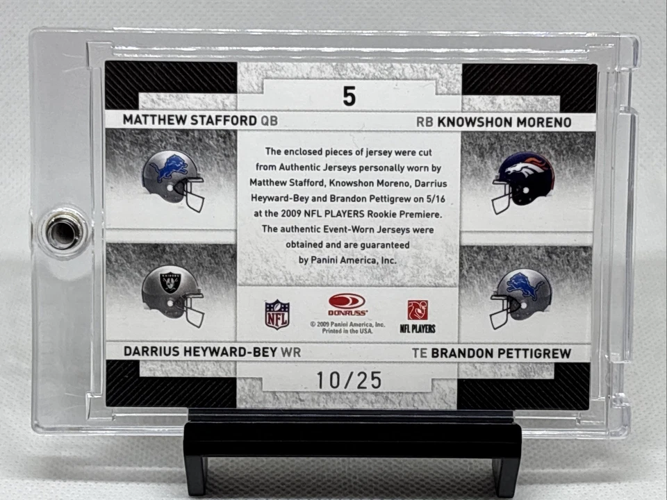 2009 Threads Rookie Collection Stafford Moreno Pettigrew Heyward-Bey /25 Patch - Image 2 of 3