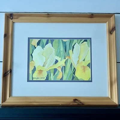Karen Hackett Mogen Yellow Iris Watercolor Framed 14x17'' Art Signed