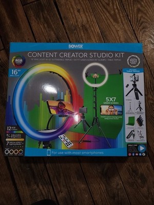 Bower Content Creator Studio Kit 16'' RGB Ring Light, Tripod, Green Screen, Remo 