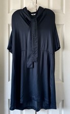 Uniqlo U Black Satin Tie-Neck V-Neck Shift Dress Batwing Short Sleeve XS