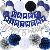 Geburtstag Deko Girlande Ballons Set, Blau Silber Dekoration Papier Pompons