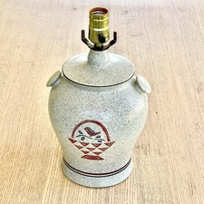 Vtg 20th Century Salt Glazed Crock Lamp Grey Blue Red Bird Folk Art Farmhouse
