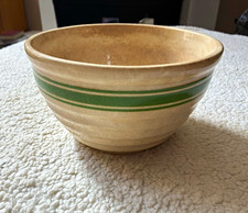 Vintage Yellow Ware Stoneware Bowl Green Stripes 9.5 Farmhouse Antique Kitchen