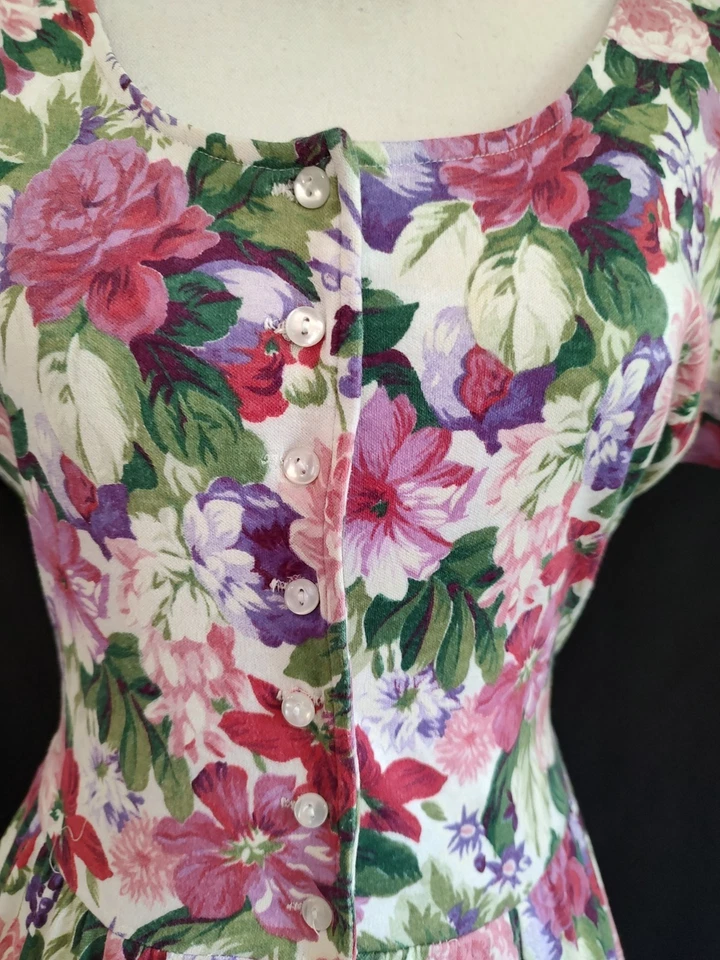 80s Vintage Dress EXPO Floral Cottagecore Country Pink Purple Circle Skirt 10 P - Image 3 of 4