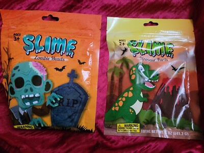 2 SLIME Re-Seal-able Pouch Zombie Heads Mermaid Shells & Dinosaur Parts 5oz lot