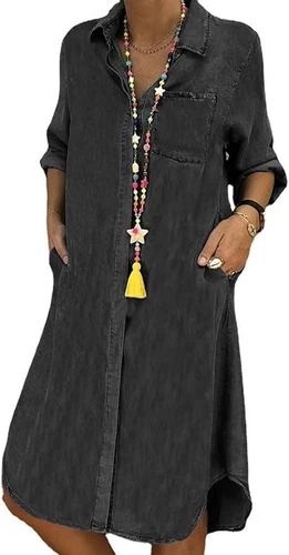 Women Spring Loose Long Sleeve Button Up Shirt Dress Dress Flowy Tunic Shifts - Bild 10 von 22