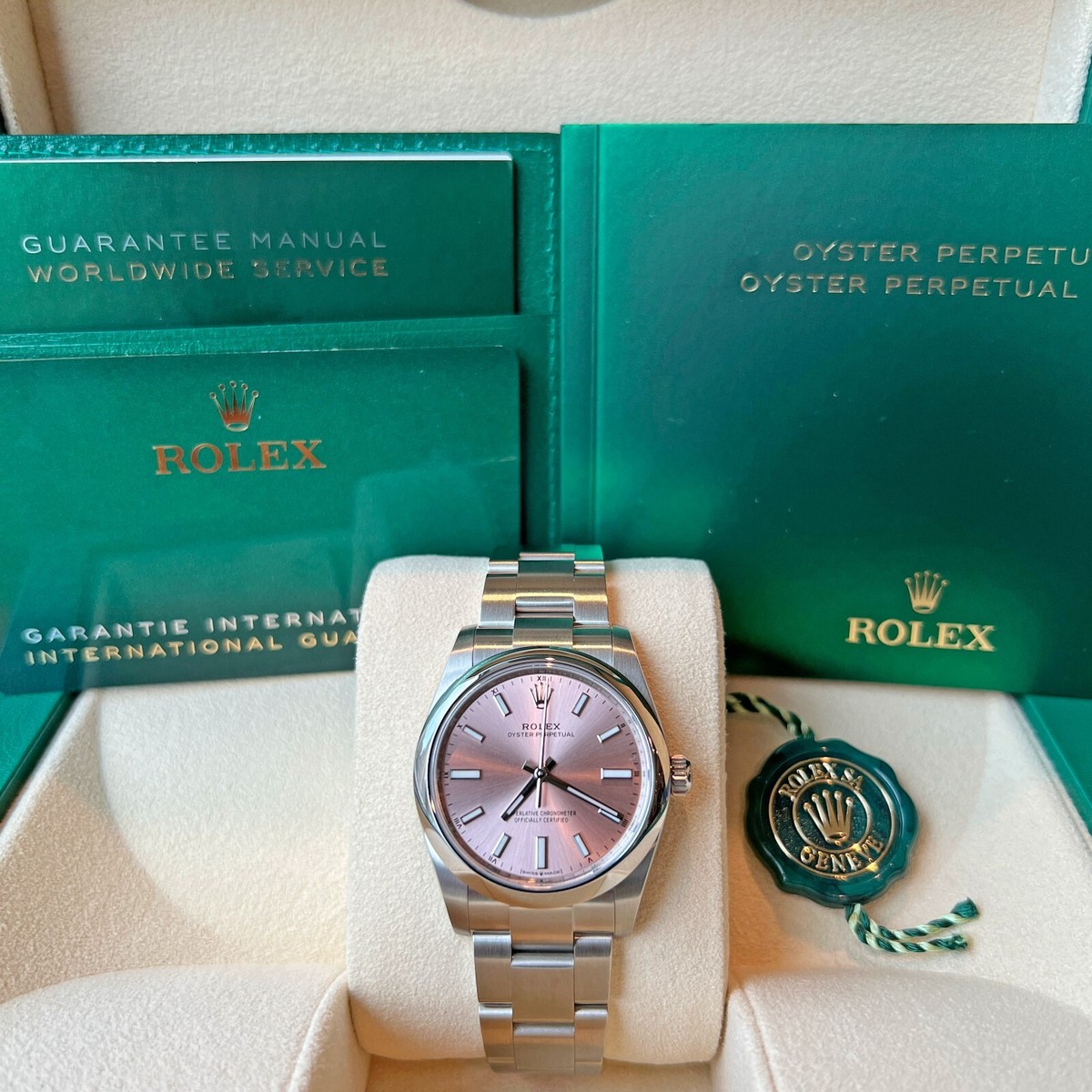 Unworn 2025 Rolex Oyster Perpetual, 34mm Pink Dial, Complete Full